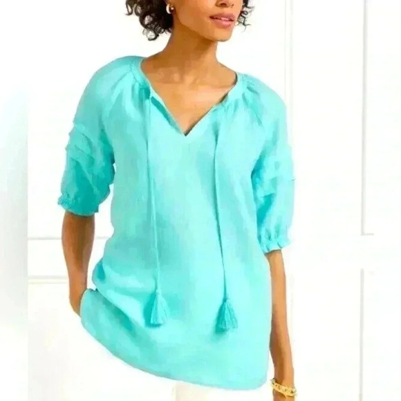 Talbots Tops - Talbots Linen Peasant Tunic, Sky Blue Size Small